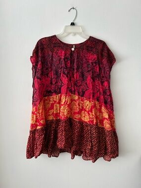 Free People Boho Floral Tiered Peasant Top in Red and Gold